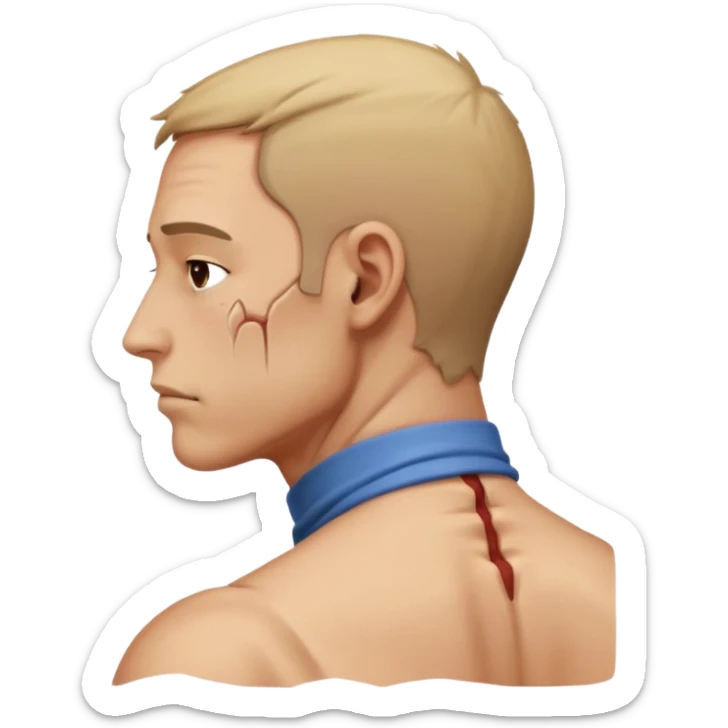 side view of man with bent neck, pain from the back of his neck sticker