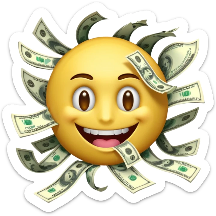 3D glossy emoji sticker, dollar-sign eyes, huge toothy grin, mouth stuffed with US dollar bills spilling out, floating banknotes, centered, solid chroma green background sticker