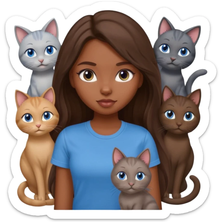 a pretty bratz dusky girl with long brown hair, blue eyes with six cats nd wearing a grey tshirt sticker