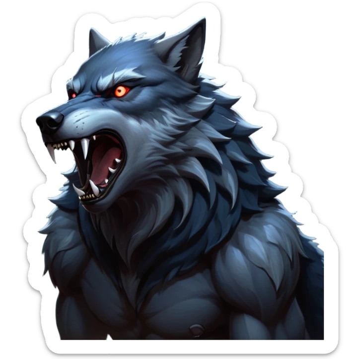 cinematic-noble-fierce-werewolf-howling-portrait-emoji, poised-and-imposing, with a fierce wolfish face tilted upwards in a haunting howl, glowing eyes full of primal ferocity, sharp, elongated fangs bared, and a rugged snout, fur rippling in shades of midnight black and silver, muscles tensed as the powerful howl echoes beneath the moonlit sky; rendered with realism, capturing the raw, untamed power of the beast in its wild, primal state sticker