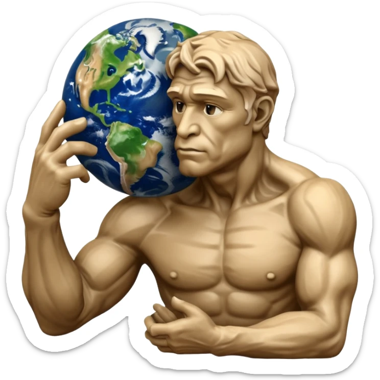 rodins sculpture the thinker but with a planet earth in its hand in a cartoon art style sticker