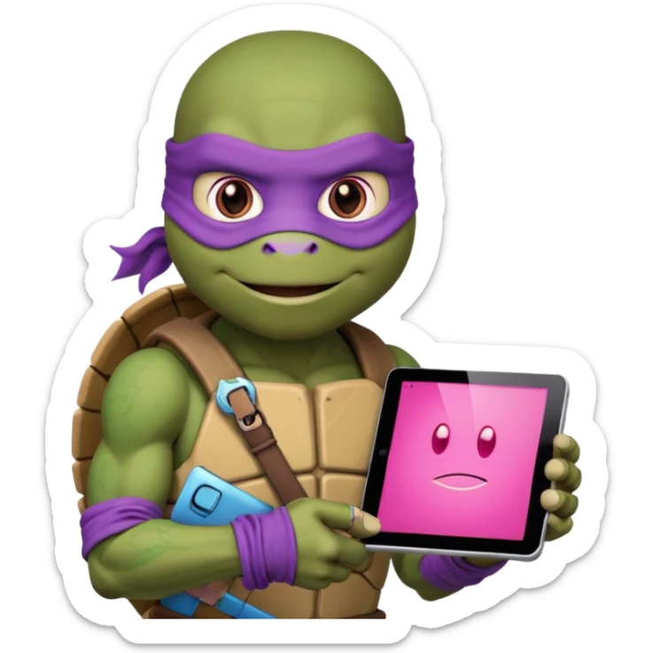 Donatello from Teenage Mutant Ninja Turtles, emoji style, with a tablet showing a hacking screen and a tech accessory, with a pink hacking interface sticker