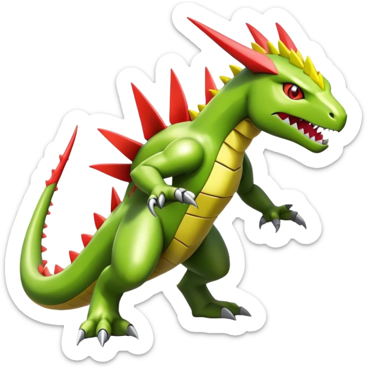 Cool cute shiny futuristic Guilmon-Flygon-Tyranitar-Digimon-hybrid-fusion, yellow belly, full body sticker
