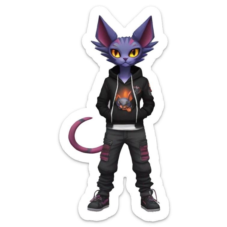 Cool Anthro Noivern-Litten-Sphynx-Pokémon with edgy stripes hoodie spiked collar punk techwear Cargo Pants Full Body sticker