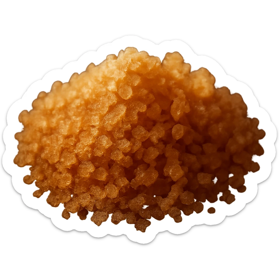 Make the golden-brown sugar pile grains less fine and slightly larger, keeping a warm amber tone, matte, lightly clumped, natural molasses look, no spoon, bowl, or packaging, soft lighting, subtle shadows, transparent background, emoji scale. sticker