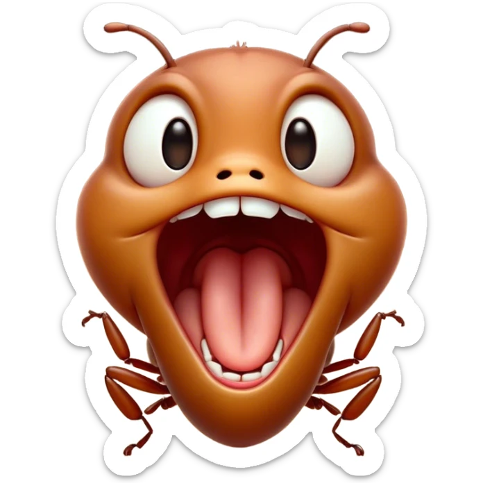 Cinematic Adorable Yawning Ant Portrait Emoji, Head tilted slightly with a dramatic, wide-open yawn, showcasing a tiny, segmented body with softly drooping features and sleepy, half-closed eyes, Simplified yet irresistibly cute features, highly detailed, glowing with a soft, cozy natural glow, high shine, relaxed yet expressive, stylized with a dash of whimsical charm, soft glowing outline, capturing the essence of a drowsy ant that appears ready to stretch out for a nap! sticker