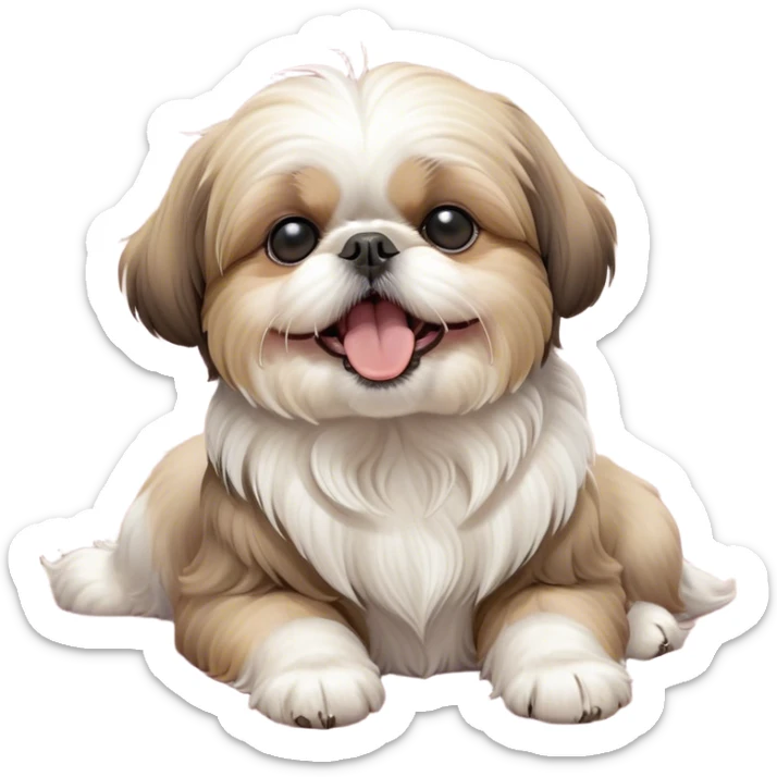 Cinematic Cute Yawning Shih Tzu Portrait Emoji, Head gently tilted with an irresistibly cute yawn and sleepy, half-closed eyes, showcasing a luxurious, fluffy fur in gentle pastel tones, simplified yet endearingly detailed, glowing with a soft, drowsy radiance, high shine, exuding tender, sleepy charm, styled with a delicate, soft glowing outline, capturing the essence of a Shih Tzu caught in a moment of adorable, sleepy bliss! sticker