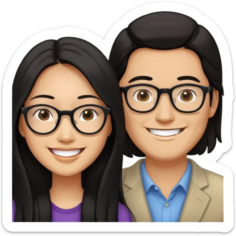 Show me an classy sexy Asian American woman without glasses who loves a cool tall white guy with brown  with glasses  sticker