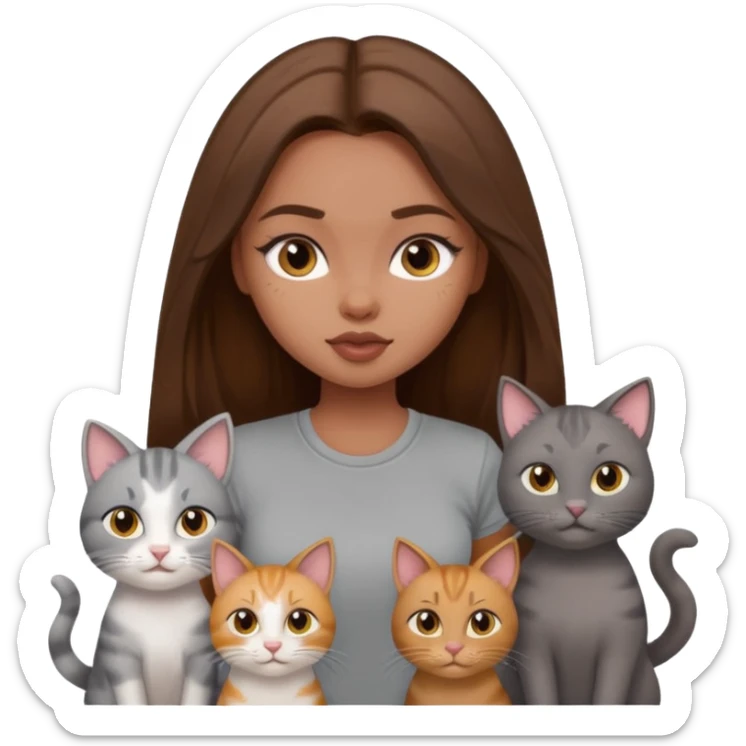 a pretty bratz dusky girl with long brown hair with four cats nd wearing a grey tshirt sticker