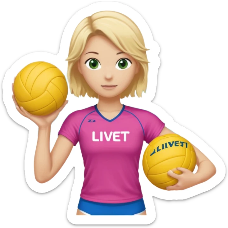 criar o emoji de uma jogadora de volei, com cabelo loiro amarrado camiseta rosa com ondas azuis secrito LIVET'S segurando uma bola de voley da marca mikasa, tenis amarelo e olhos verdes grandes sticker