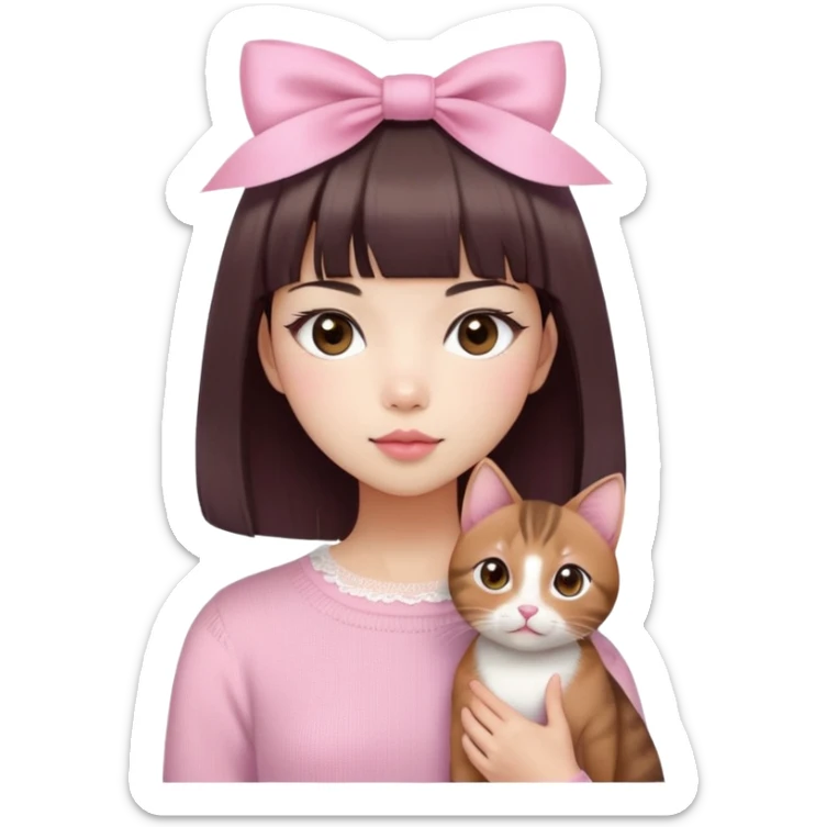 Cute East Asian girl, soft fair skin with blush on cheeks, big brown eyes with long lashes, natural pink lips, inward brown bob with straight bangs. Wearing a stylish pink knit top with ribbon details and subtle lace trim, holding an Abyssinian cat sticker