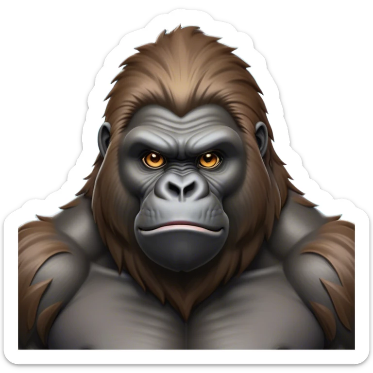 Cinematic Noble Silverback Gorilla Portrait Emoji, Poised and majestic, with a powerful, muscular frame accentuated by a distinguished silver mane and piercing, wise eyes, Simplified yet sharp and sophisticated features, highly detailed, glowing with a soft, regal jungle glow, high shine, intelligent and commanding, stylized with an air of imperial strength, focused and resolute, soft glowing outline, capturing the essence of a watchful guardian that feels as though it could step out of the screen with effortless authority! sticker