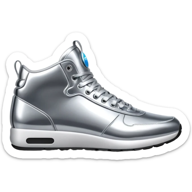 A pair of futuristic sneakers emoji made of silver chrome, sleek streetwear design, smooth metallic panels, subtle reflections, luxury swag aesthetic, iOS emoji style, centered, clean white background sticker