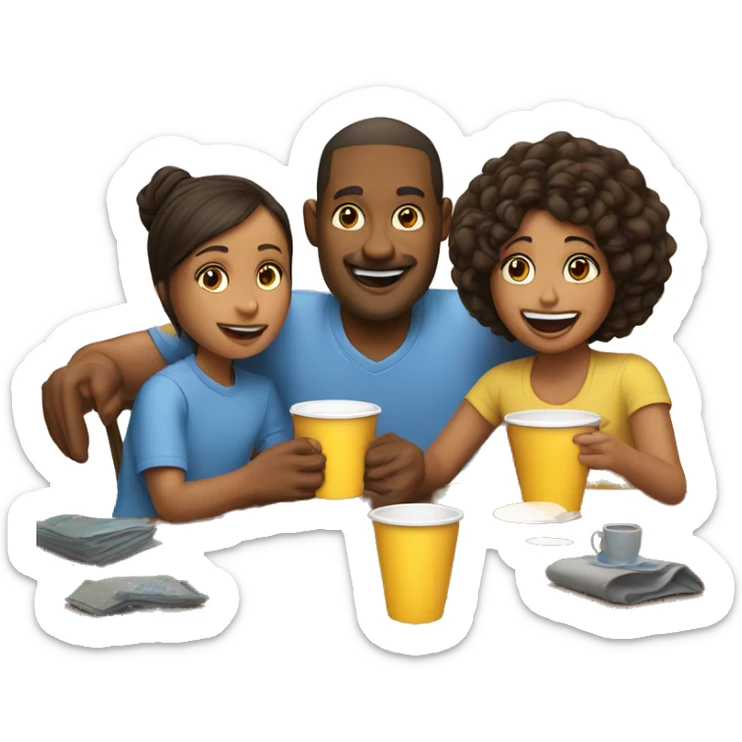 An emoji of a family—mother, father, and child—sitting at a table, playing a cup game with paper cups arranged on the table as they have fun together sticker