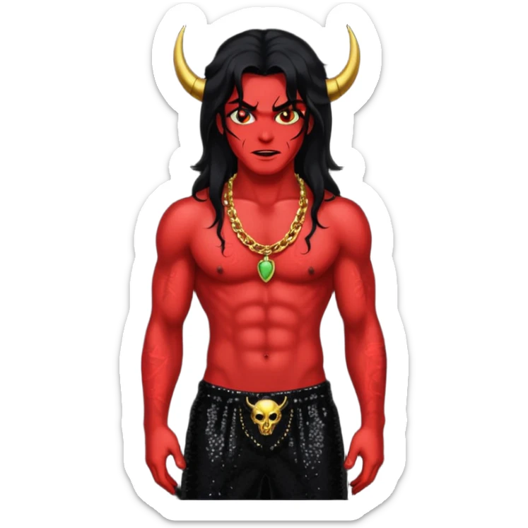 Satan with red skin, long black hair, black sequin baggy pants, shirtless with necklace sticker