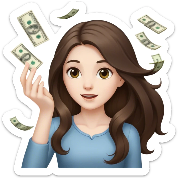 beautiful pale brunette girl with long hair throwing money sticker