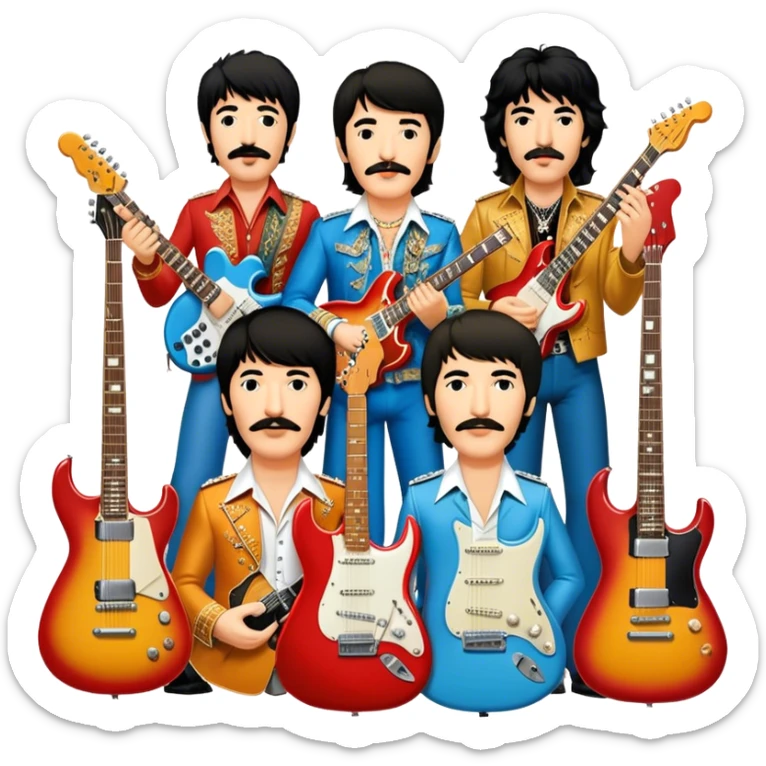 Rock music icon: dynamic collage of global rock legends like The Beatles, Jimi Hendrix, Elvis Presley, Led Zeppelin, Queen, and Nirvana, surrounded by guitars, amplifiers, and stage lights. Not all have mustaches, reflecting diverse styles. Transparent background. sticker