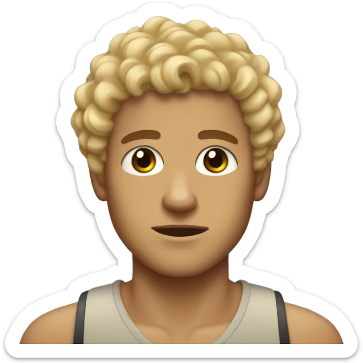 black eyes, very very curly blonde short hair guy, serious face, tan skin sticker