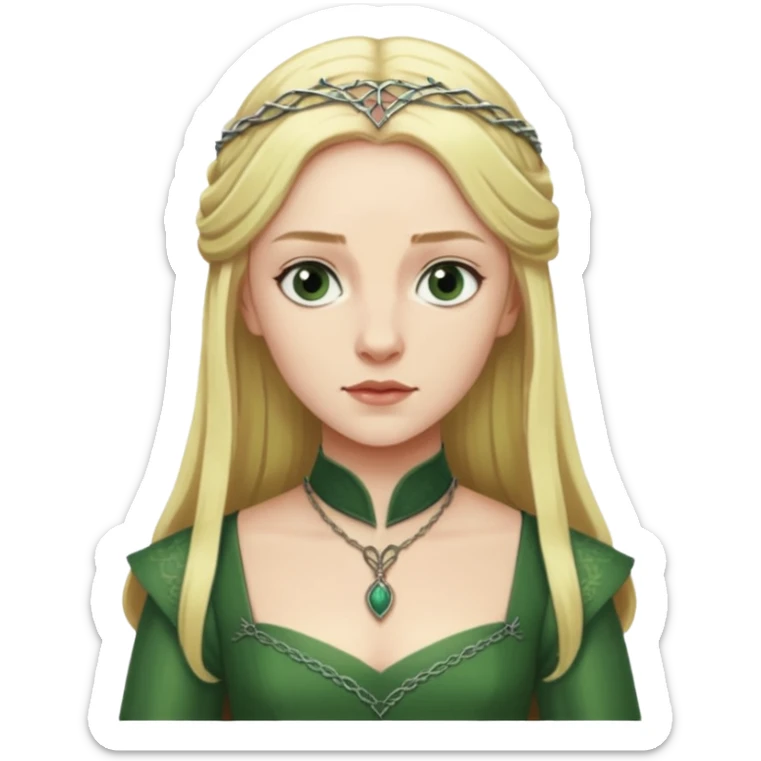 Elizabeth Woodville is the queen of York and looks like a blonde Rebecca Ferguson. She is wearing a green dress and looks like a Game of Thrones Character sticker