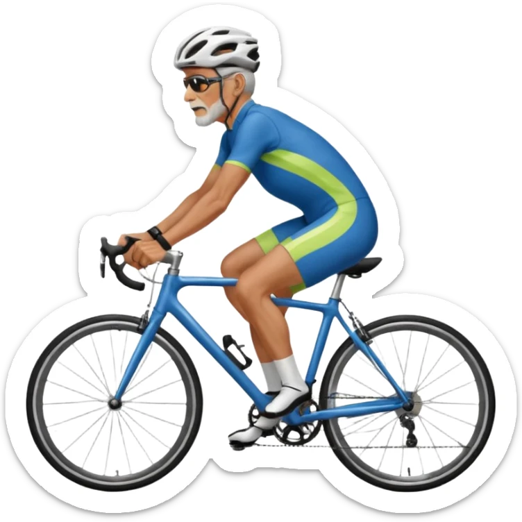 older, 60 year old man in cycling clothes, straddling road bike, heavy-set, graphic design sticker