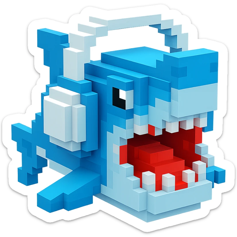 voxel style shark with white headphones, open mouth, blocky, blue and silver, no background sticker