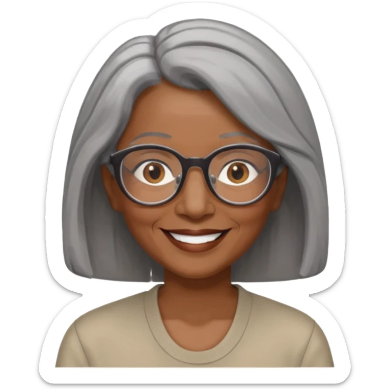 Older woman of color with gray shoulder length  hair and glasses and smiling sticker