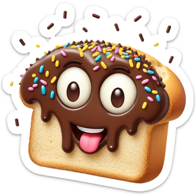Cinematic Realistic Hagelslag Treat Emoji, depicted as crunchy chocolate sprinkles on buttered bread rendered with vivid textures and playful, inviting lighting. sticker