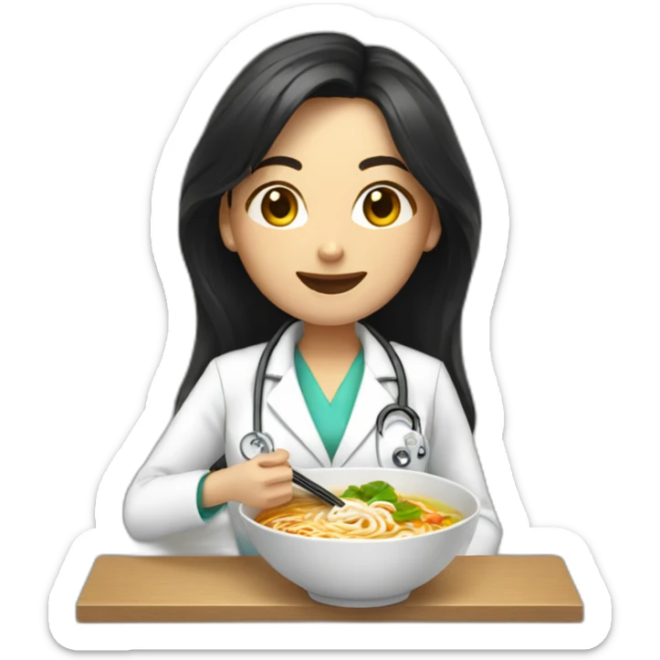 female doctor with long dark hair eating ramen bowl with thumbs up sticker