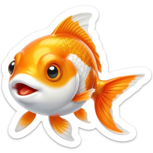 Cinematic Cute Orange and White Goldfish Portrait Emoji, Head tilted playfully and inquisitively, featuring a glossy, vibrant body adorned with a striking mix of orange and white, round, sparkling golden eyes filled with curiosity, Simplified yet irresistibly adorable features, highly detailed, glowing with a warm, friendly glow, high shine, affectionate and lively, stylized with a touch of whimsy, bright and endearing, soft glowing outline, capturing the essence of a mischievous yet loving goldfish, so playful it feels like it could swim out of the screen and into your heart! sticker