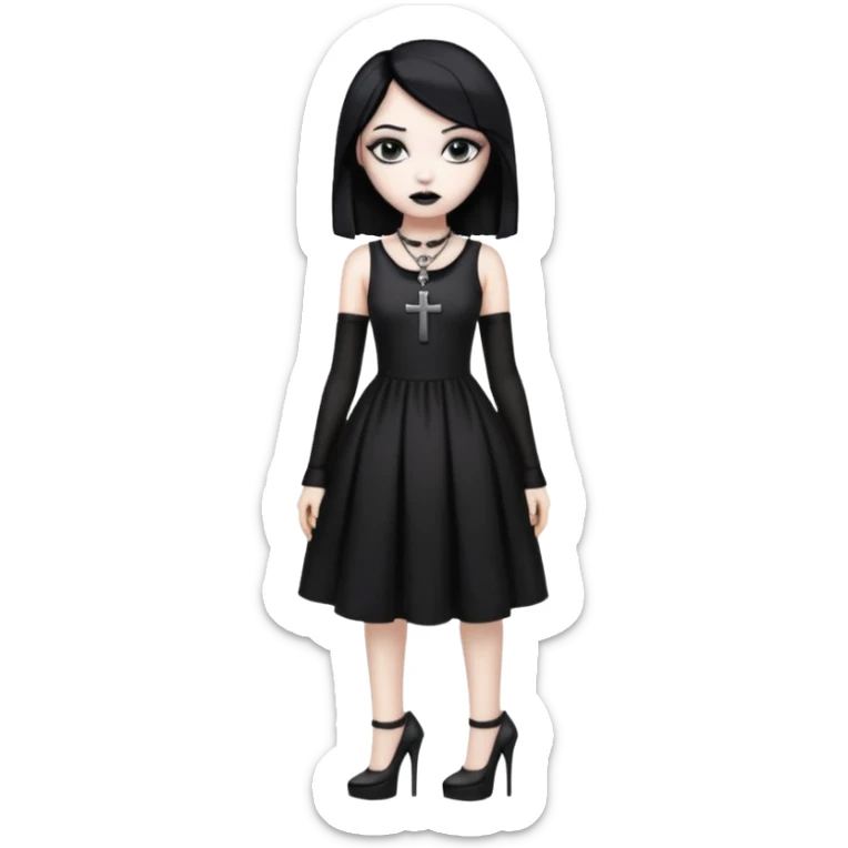 goth girl with white skin goth dress black hait black lipstik and tall high with Cross Necklace sticker