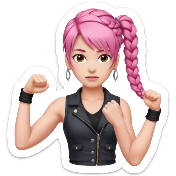 Woman with braided pink hair with an asymmetrical bang, wearing a sleeveless vest and flexing sticker