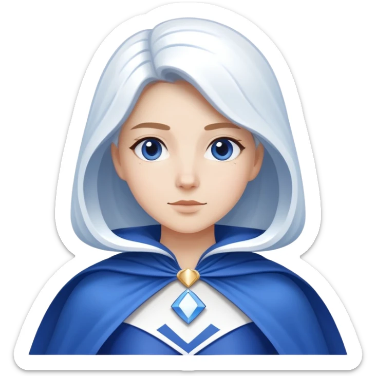 Close-up of a woman wearing a blue and white costume with a cape. Minimalist design, only blue and white colors. sticker