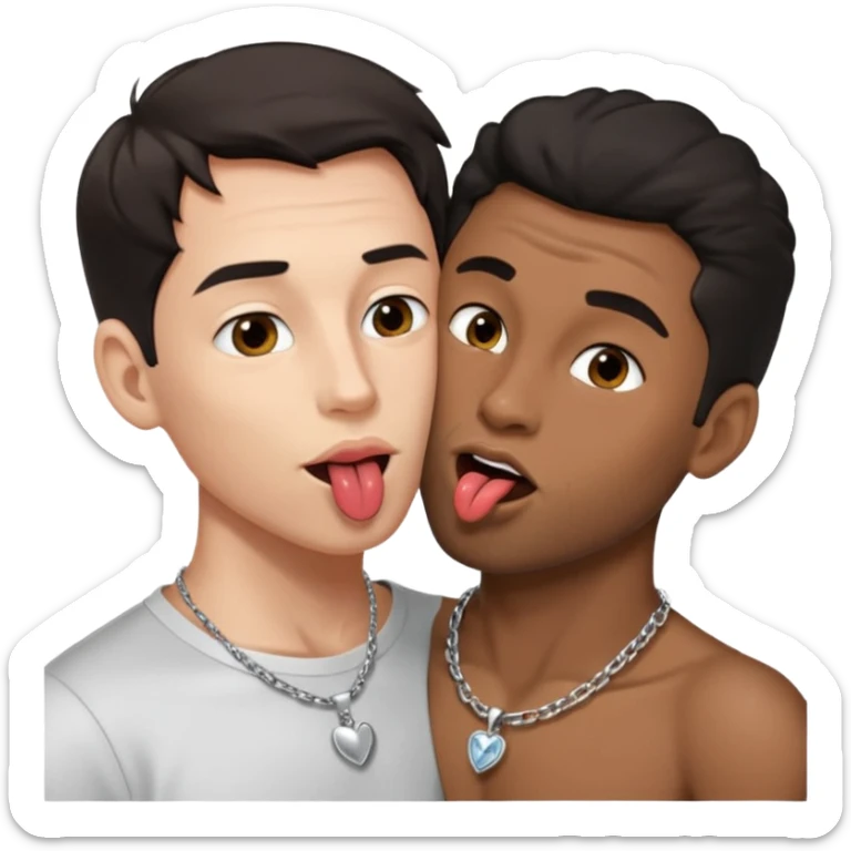 1 White adult male dark hair ,1 black adult male silver necklace, nude,kissing tongue open mouth  sticker
