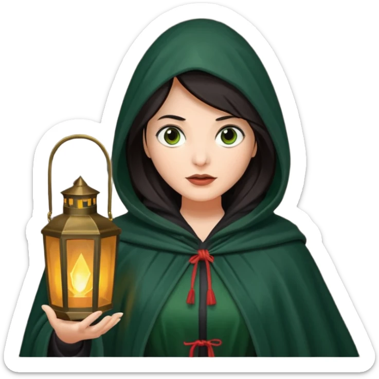 traitor tv show, dark haired woman wearing dark green cloak with hood up who looks evil and is holding up a lantern sticker