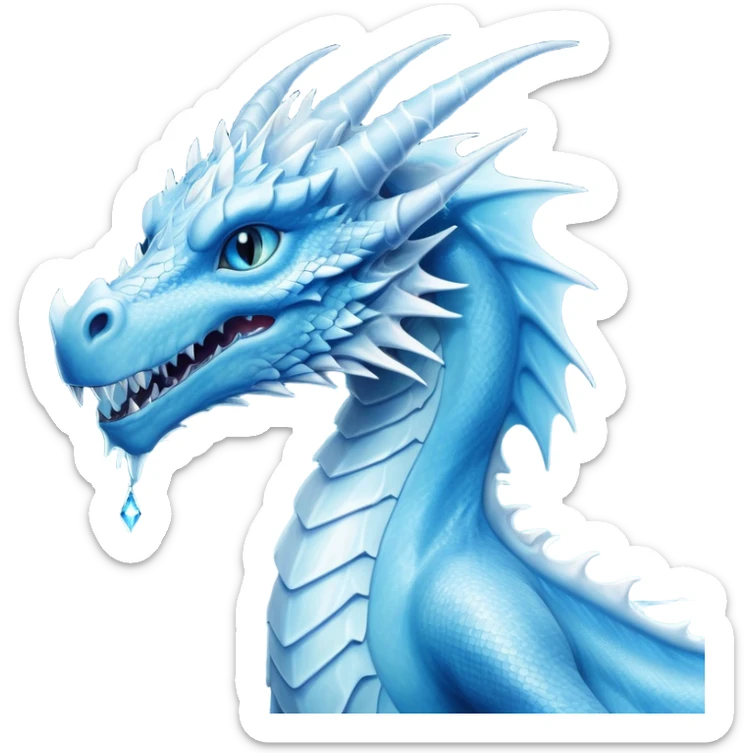 Cinematic Noble very elegant slender Ice Dragon Portrait Emoji, Poised and imposing, distinct long elegant snout, with a slender, scaled body shimmering in glacial hues of icy blue, frostbitten silver, and crystalline white, breathing out frost, with piercing, glowing ice blue white eyes that radiate the chilling depths of an arctic storm; rendered in detail. excuding wisdom sticker