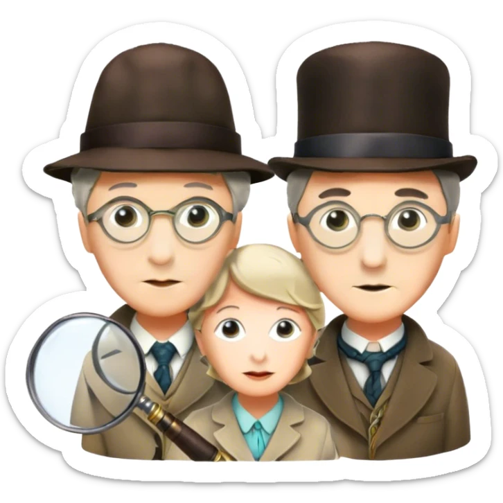 Icon for Detective Movies: A colorful collage with Sherlock Holmes, Miss Marple, and Pinkerton. Include magnifying glasses, clues, and detective tools. The design should evoke mystery and intrigue, with a classic detective movie feel. Transparent background. sticker