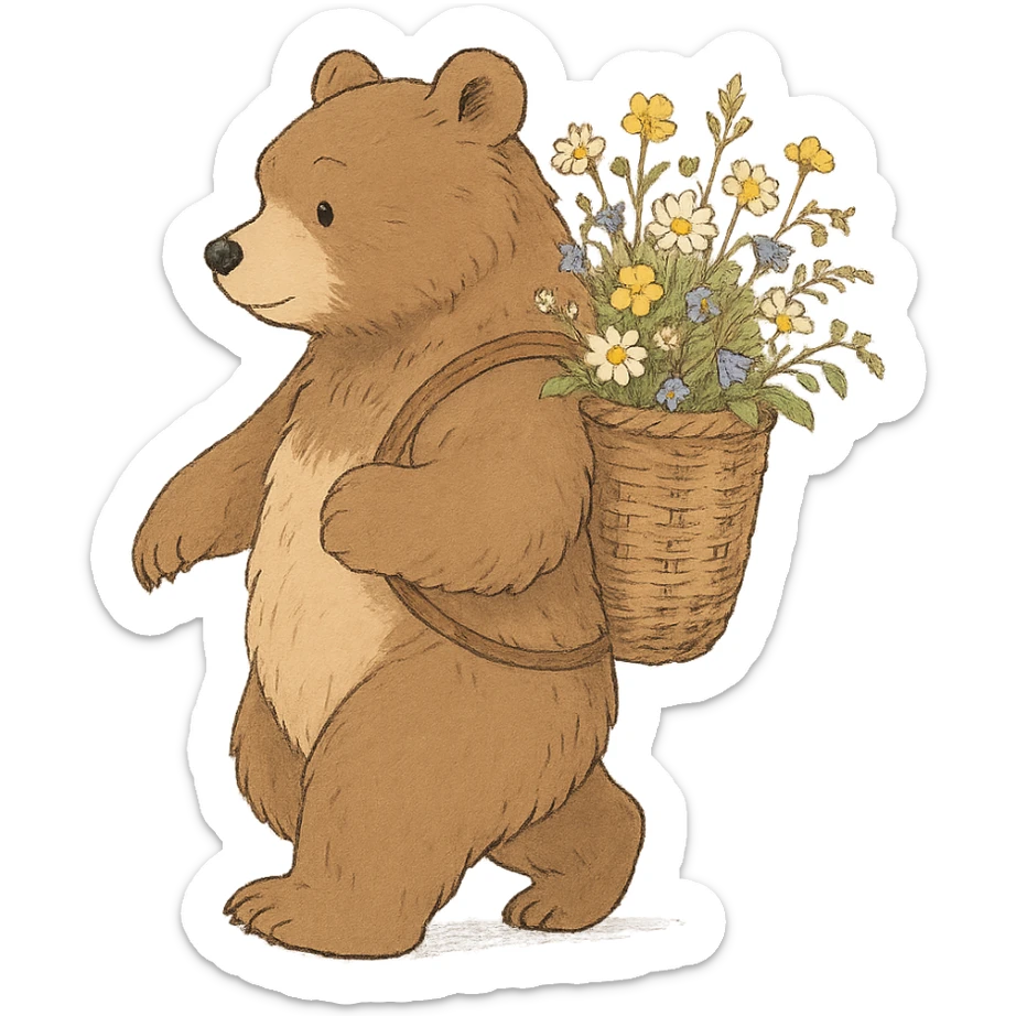 bear carrying a basket of wildflowers, soft pastel brown and cream, gentle and detailed ghibli style sticker