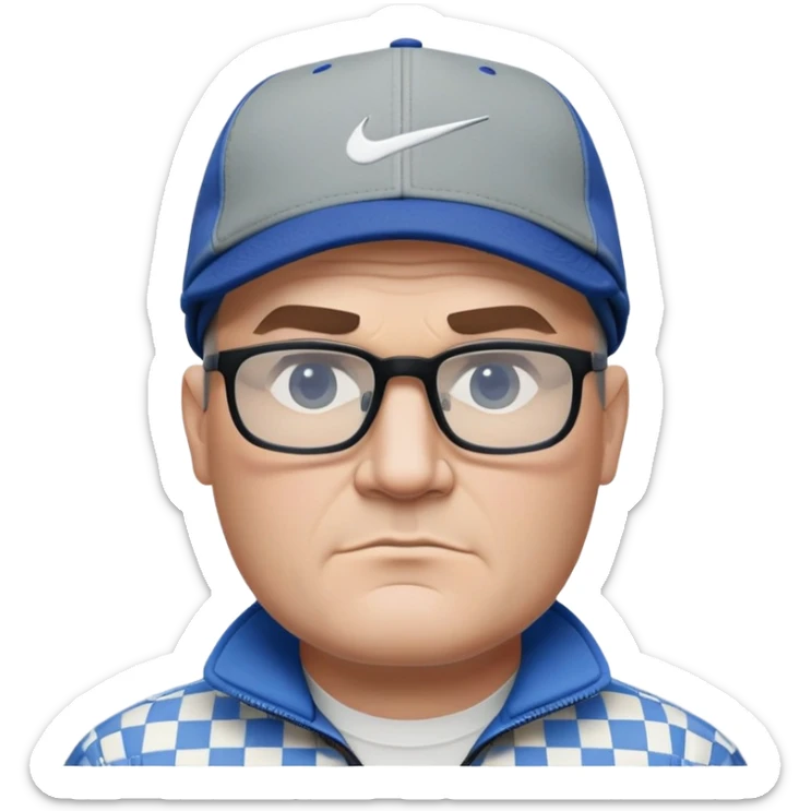 50-year-old heavyset man with very wide face and prominent square jawline. Short straight hair combed to the side, not balding, wearing a black Nike cap. Large dark square glasses. Serious-relaxed expression. Light gray jacket that fits his larger frame, white shirt with blue checkered pattern. sticker