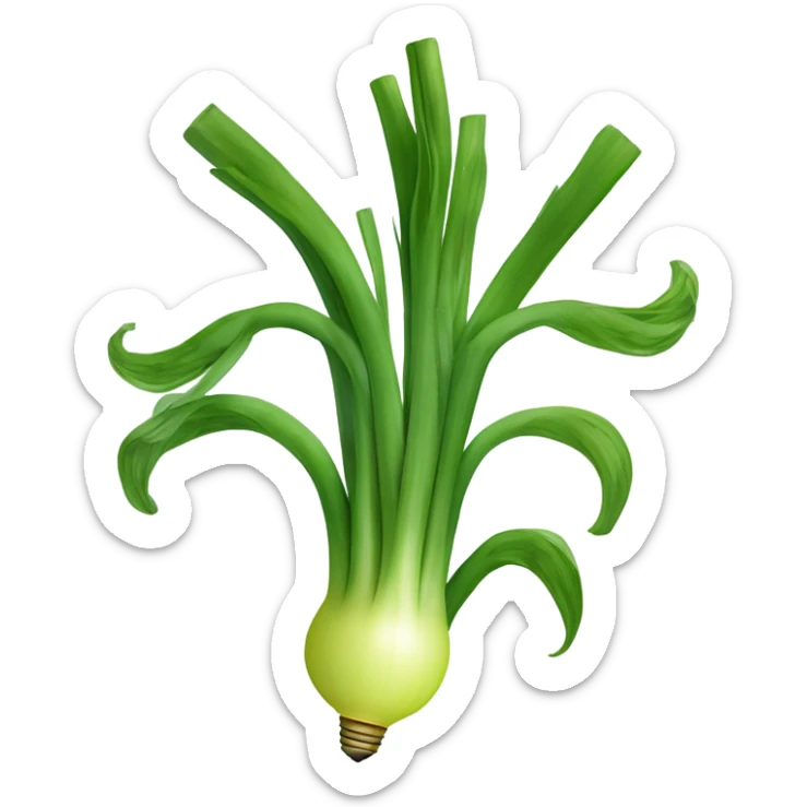 Smiling green onion with a bundle of long, thin green stalks as hair, big expressive eyes, and a cheerful cartoonish face on the white bulb section. Vibrant and playful design. sticker