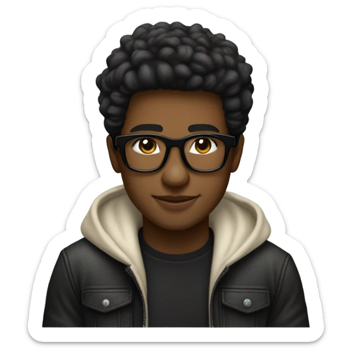 Un joven con gafas de marco negro, cabello oscuro y corto, Lleva puesto un abrigo crema, una camiseta negra. Su expresión es relajada y feliz sticker