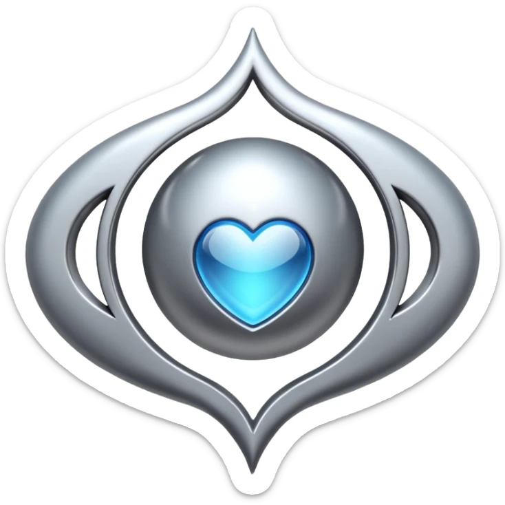 abstract amulet emoji, liquid metal form, symmetrical design, mystical futuristic 3D icon, isolated on white sticker