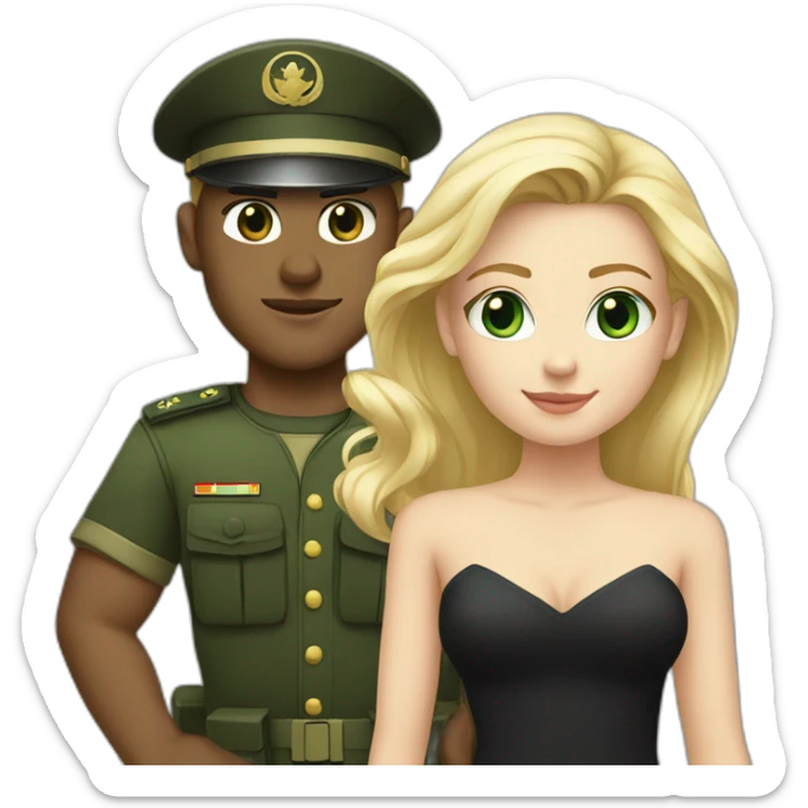 army blond guy and blond long hair girl with green eyes in black dress sticker