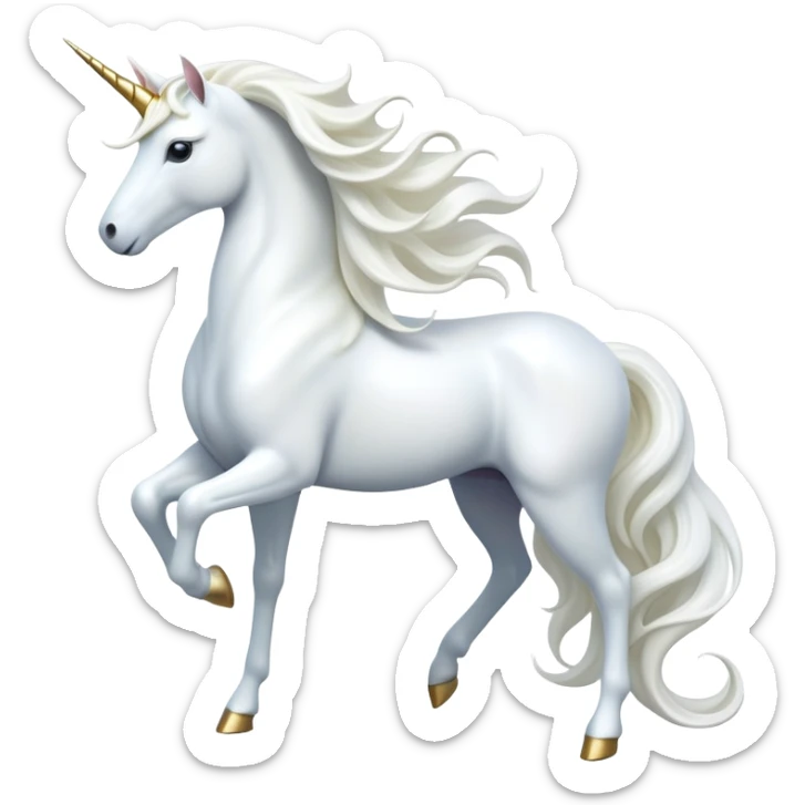 cinematic-beautiful-white-unicorn-full body-emoji,-poised-and-regal,-with-a-slender,-ethereal-form-draped-in-a-pristine-white-color,-a-flowing-mane-and-tail,-and-a-glistening,-spiraled-horn-that-radiates-pure-light,-simplified-yet-sharp-and-majestic, zoomed out to show a majestic unicorn sticker