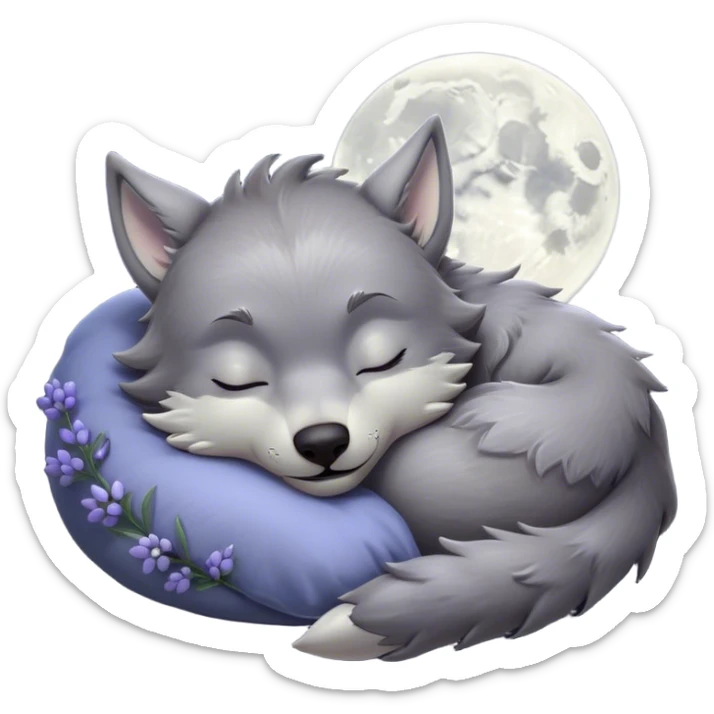 Meme-Worthy Cute Sleeping Werewolf Portrait Emoji, with a cuddly, miniature lupine form in soft moonlit grays and silvers, head resting peacefully with gently closed dreamy eyes and a small, content smile, simplified yet irresistibly endearing, highly detailed with a soft glowing outline that captures the cozy, sleepy essence of a werewolf after frolicking under the full moon! sticker