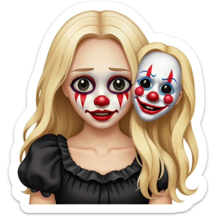 Crying blonde girl with long hair in black dress holding isolated happy clown Halloween mask beside her face  sticker
