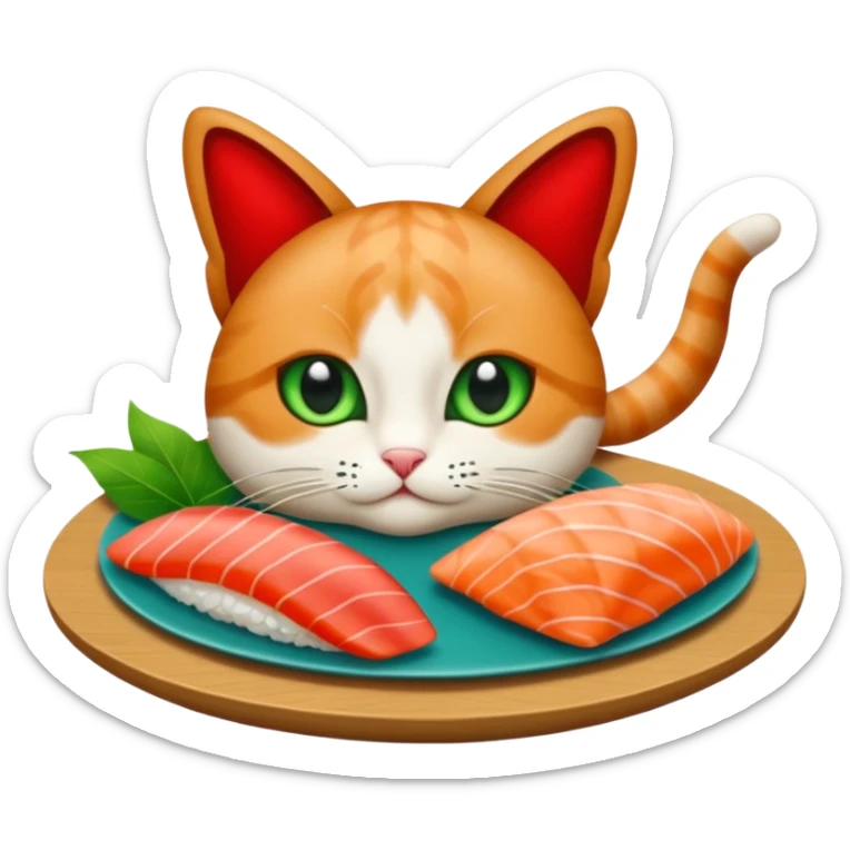 emoji di un gatto che tiene del sushi in mano, è verde con gli occhi azzurri ed un papillon rosso sticker