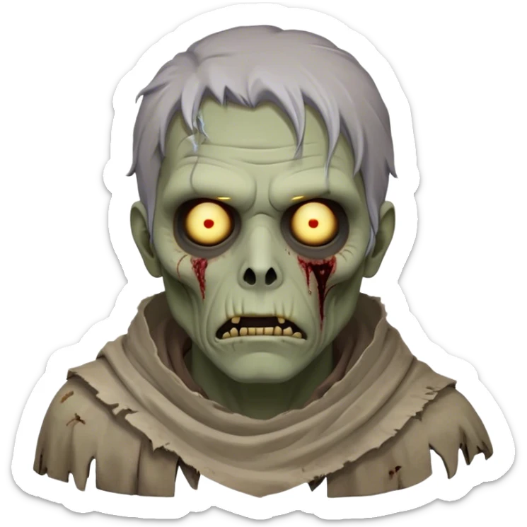 Cinematic Noble Zombie Portrait Emoji, Surprisingly dignified and somber, with a decaying yet strangely regal visage in ashen grays and muted tones, draped in tattered attire hinting at a lost grandeur, simplified yet meticulously detailed, glowing with a soft, eerie radiance and a gentle outline that evokes the tragic nobility of the undead! sticker