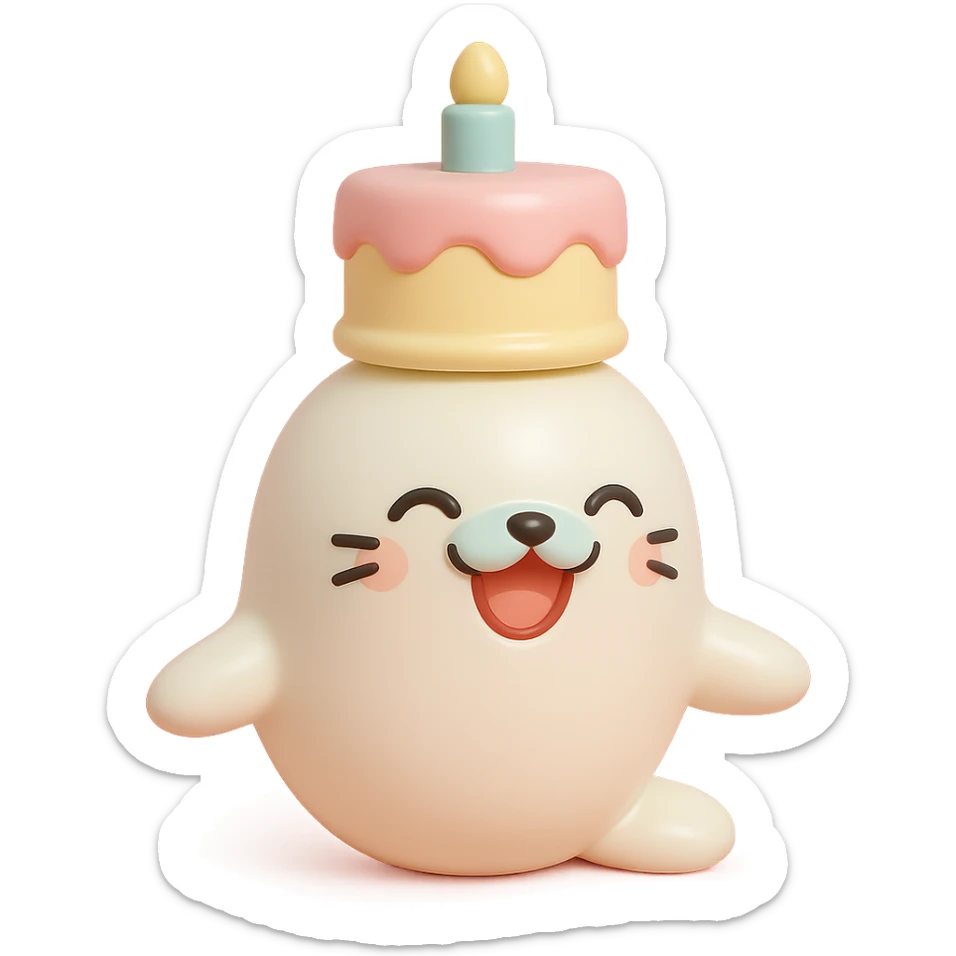 cutie baby seal balancing cake on head with laughing face in vinyl figure style sticker