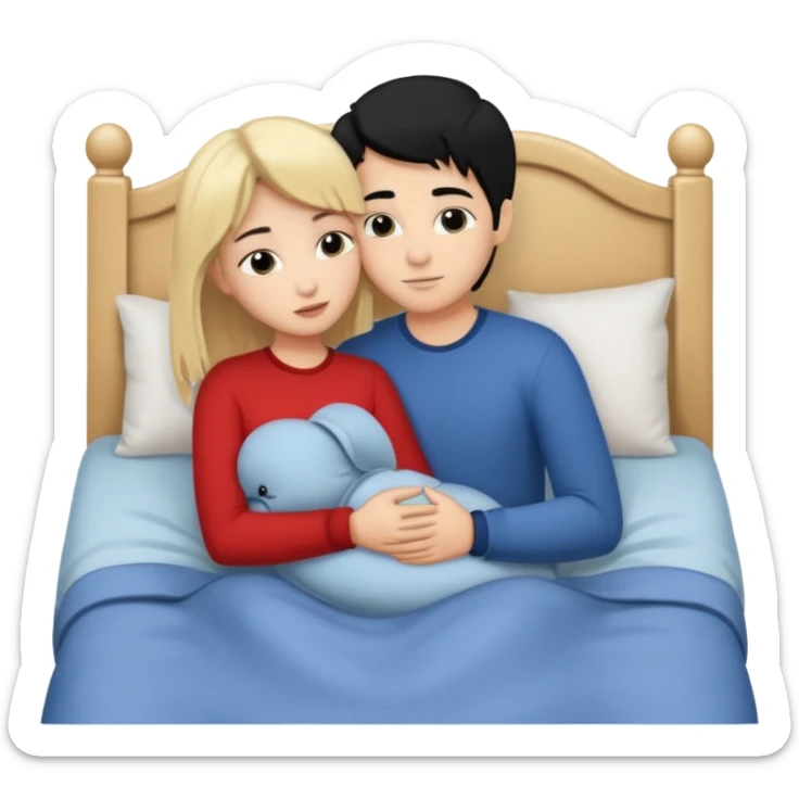 Blonde hair girl black hair boy. Cuddle n kissin in bed sticker