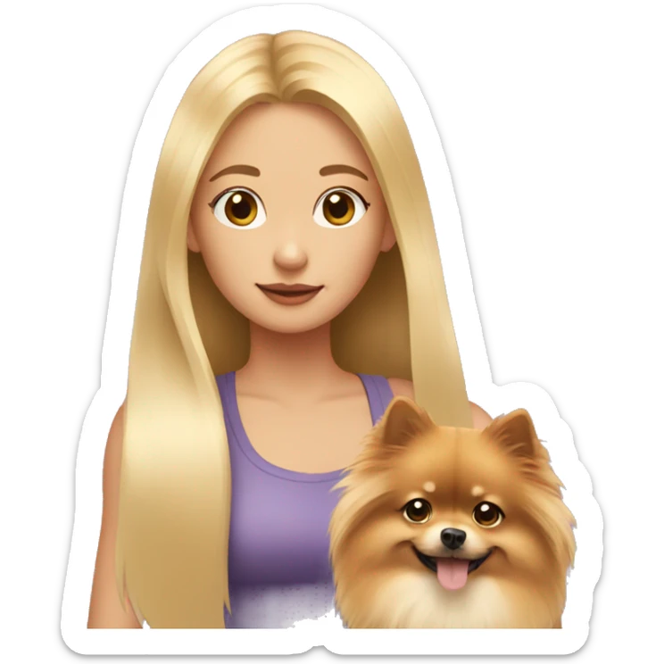 girl with long blond hair holding a Pomeranian sticker